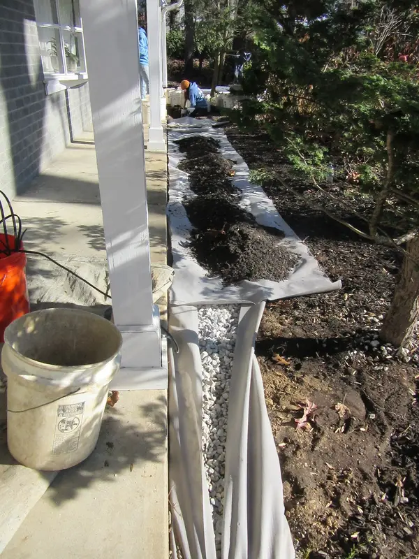 Exterior drainage trench beside a home