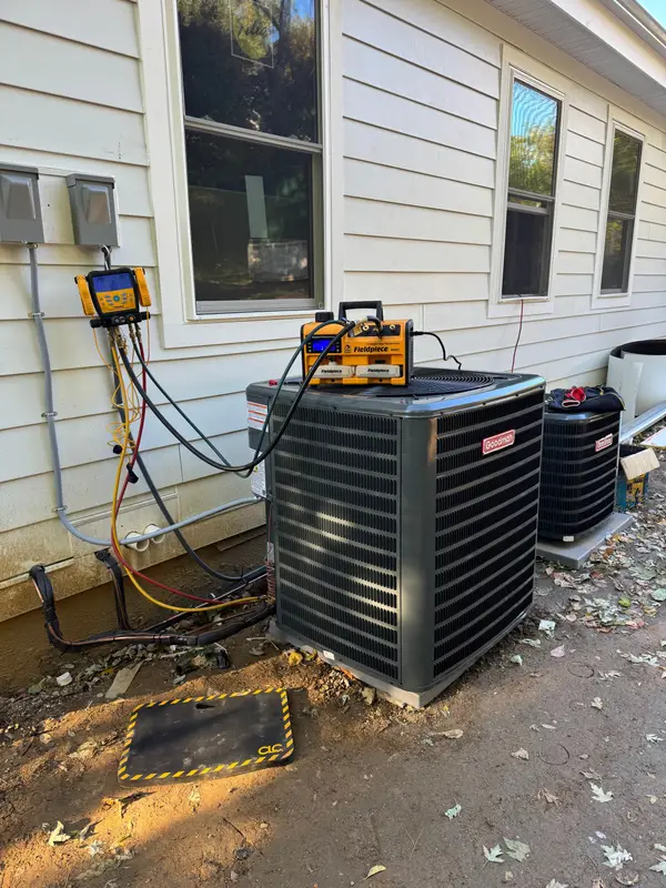 Outdoor AC unit connected to service gauges