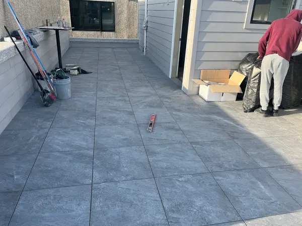 Exterior tile installation in progress