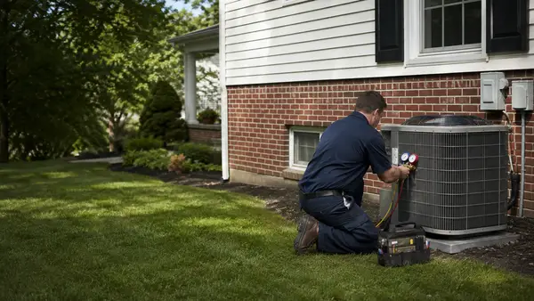 Technician servicing an outdoor HVAC unit