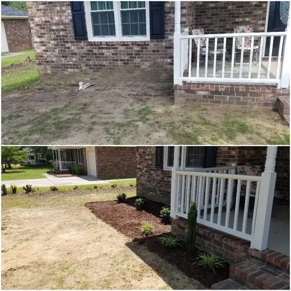 Landscape-bed work beside a porch